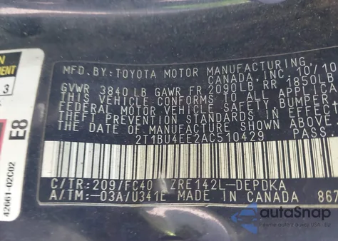 2010 Toyota Corolla Le from USA, damaged, VIN 2T1BU4EE2AC510429